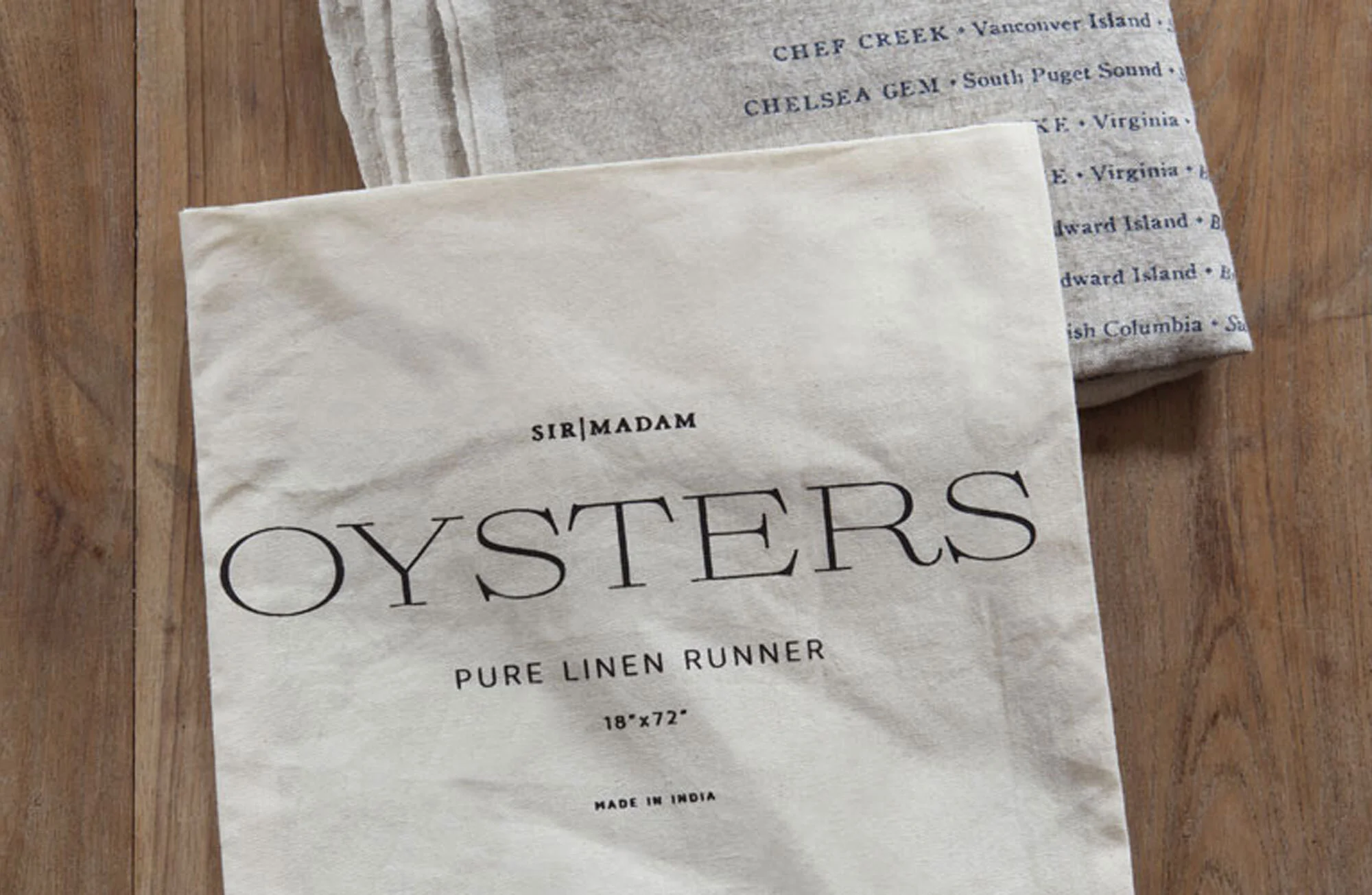 gift home aesthetic movement wholesale graphic designer nyc sir/madam sirmadam oyster pure linen table runner packaging cotton pouch design list