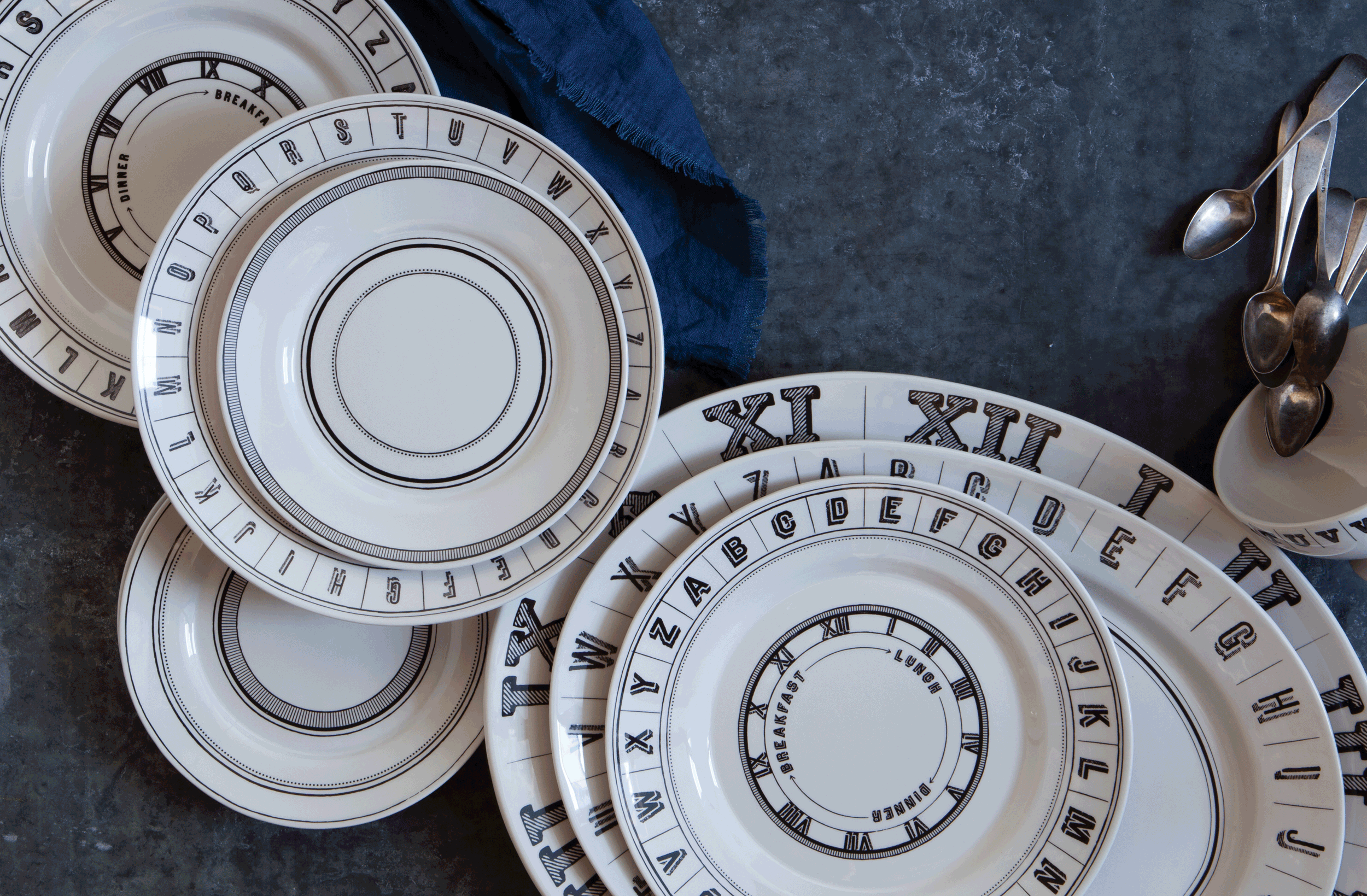 gift home kate sears aesthetic movement wholesale graphic designer nyc sir/madam sirmadam revival ceramic dinnerware collection plates platters bowls sardines spoons indigo linen textile napkin
