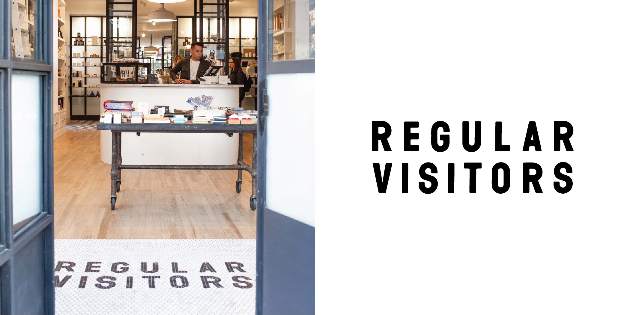 nyc freelancer RV graphic designer design direction logo branding sans serif typography wood block penny tiles retail brooklyn boerum hill regular visitors stacked