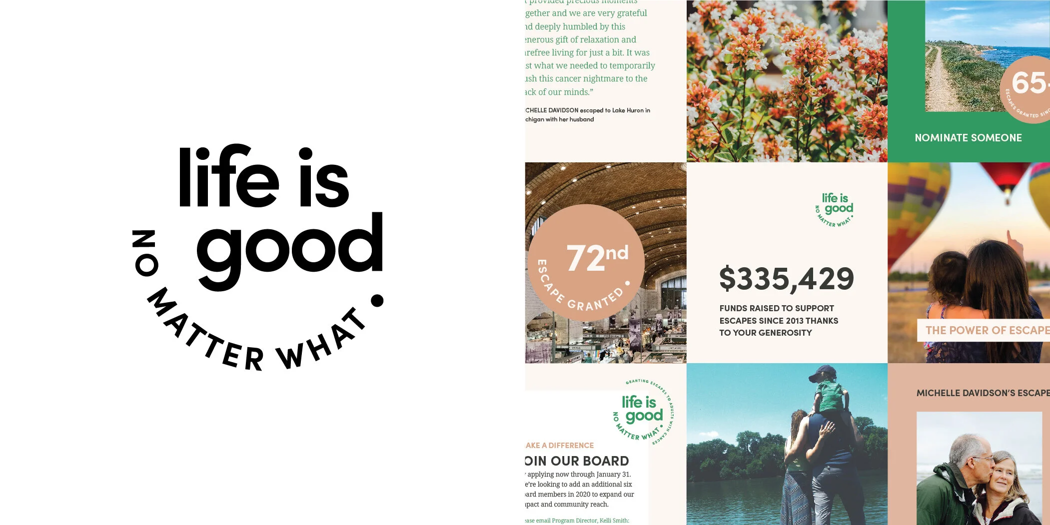nyc freelancer graphic designer design direction logo branding sans serif typography exclamation nonprofit life is good no matter what smile donate