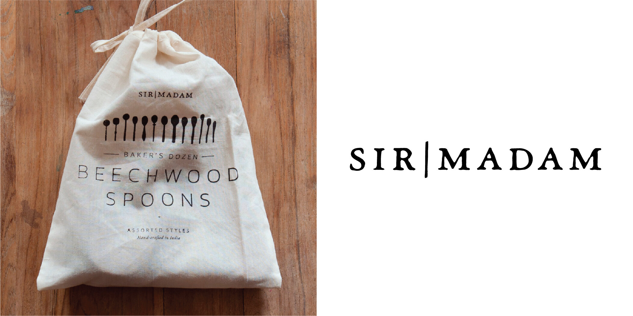 nyc freelancer graphic designer packaging baker's dozen design direction logo branding serif typography sir/madam beechwood spoons cotton wood drawstring bag gift ideas 