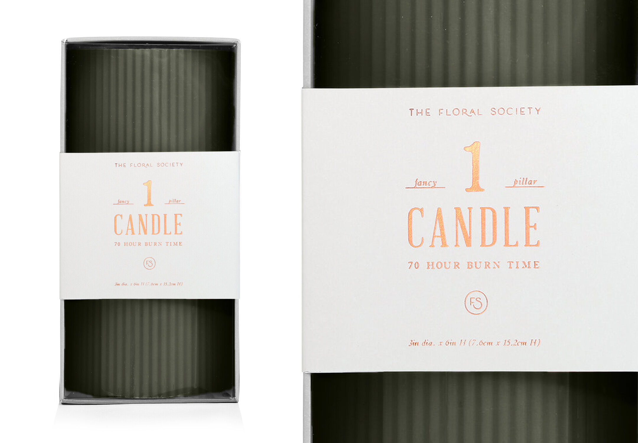 sierra steifman nyc art director graphic designer the floral society fancy candle packaging box copper foil bellyband moss ribbed design pillar