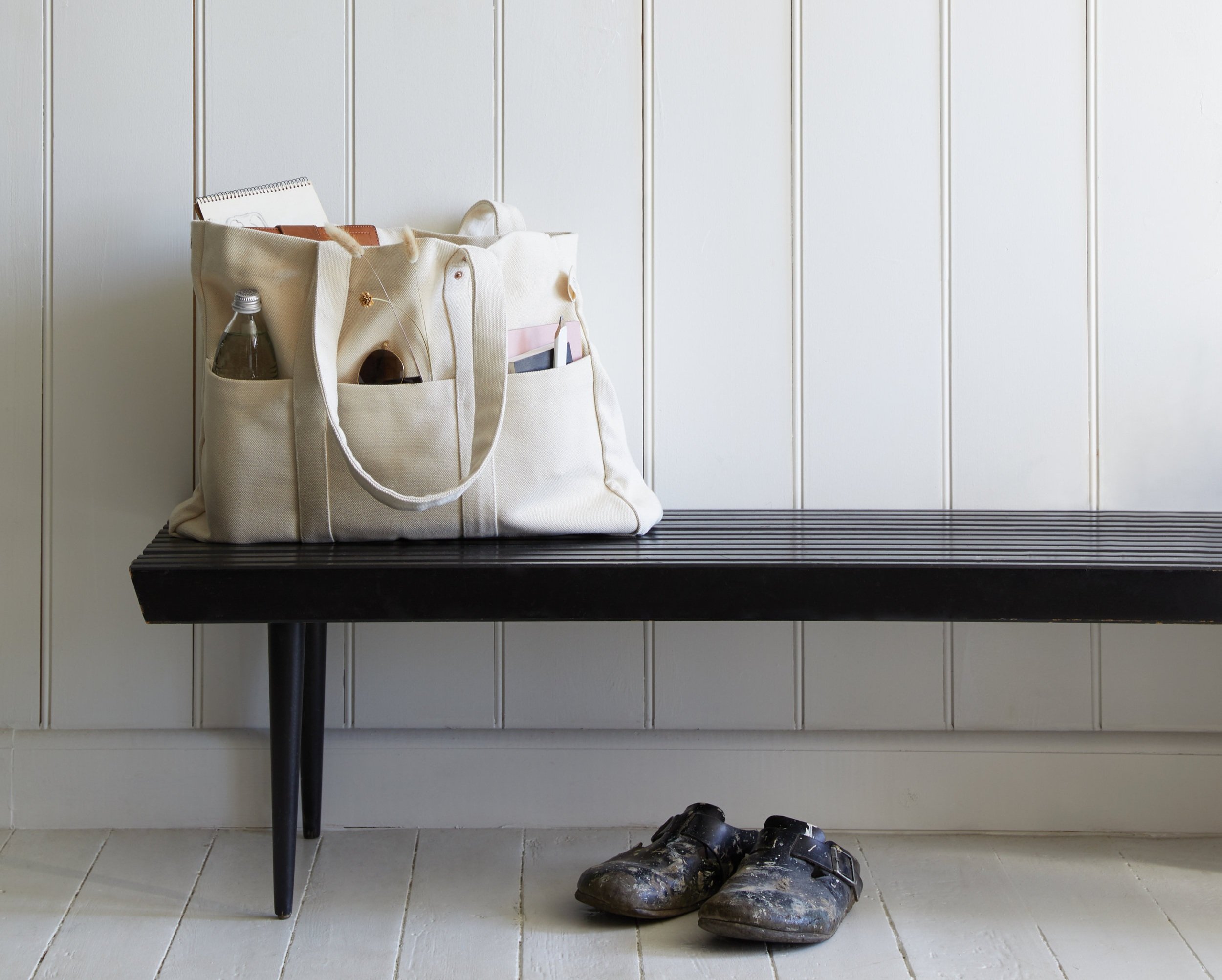 sierra steifman nyc art director photographer the floral society design canvas tote pockets carryall bench white walls frame clogs farmers market weekender