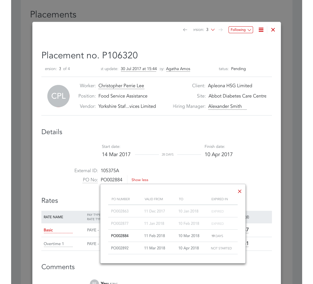 PO number management on placement