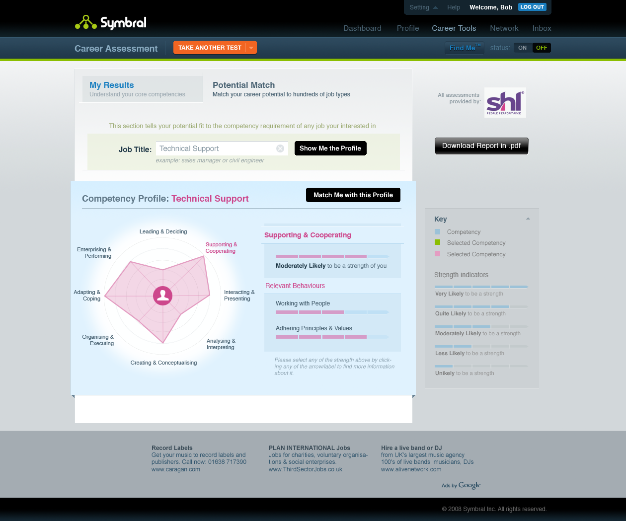 The career assessment page