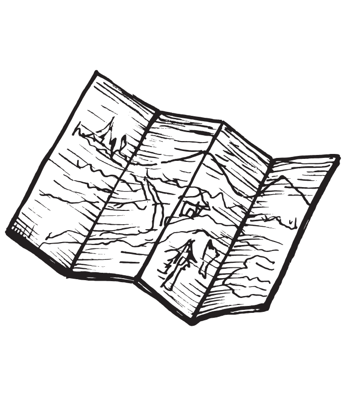 Black and white sketch of a folded map with various topographic lines and landmarks.
