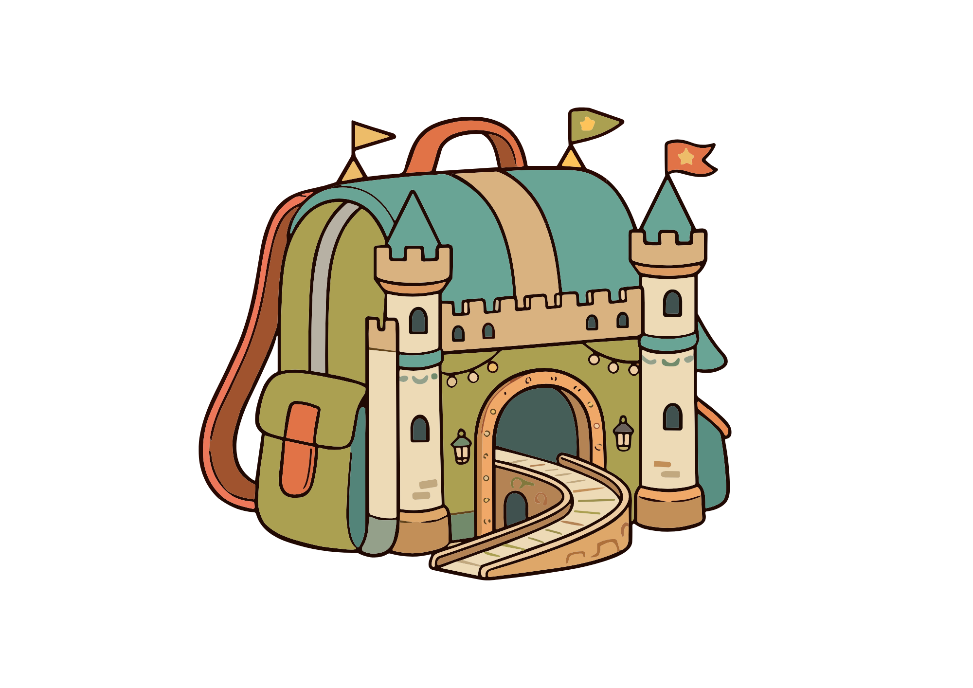 A fantasy backpack with a castle entrance coming out of the back with a stone facade and walkway