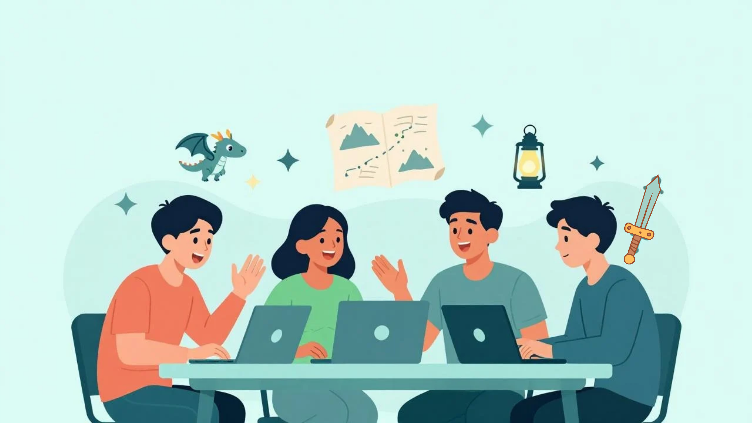 Diverse teenagers playing online D&D together on laptops with a friendly dragon, map, lantern, and fantasy props