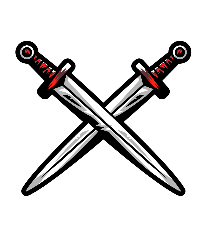Two crossed knives with black handles and red accents on a black background.