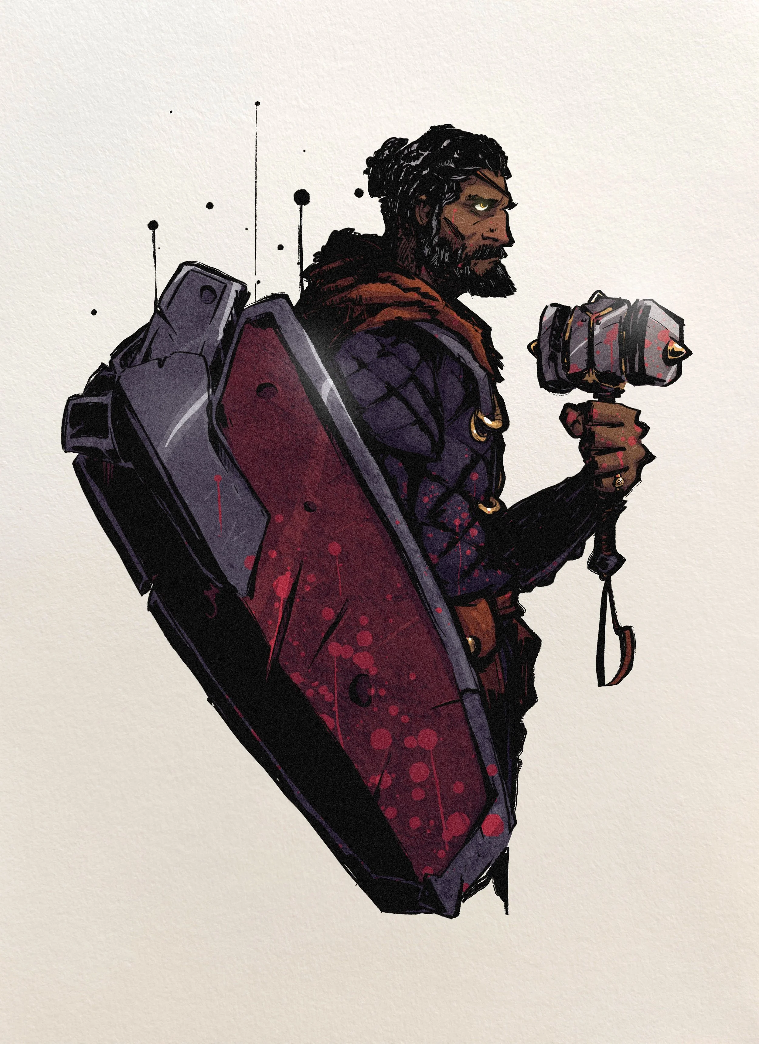 Digital illustration of a rugged man with a dark beard and long hair, wearing dark armor and holding a mallet, with a large shield on his back.