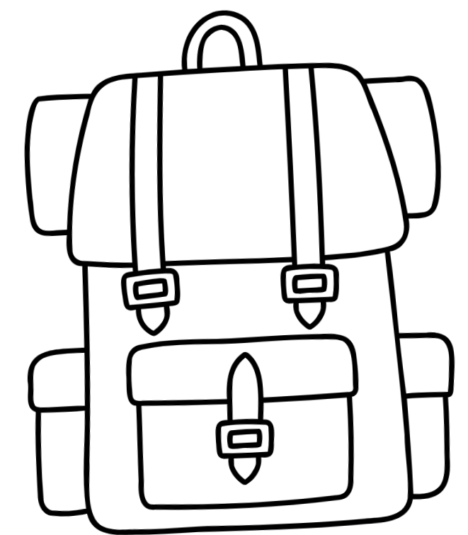Outline drawing of a large backpack with multiple compartments and straps.