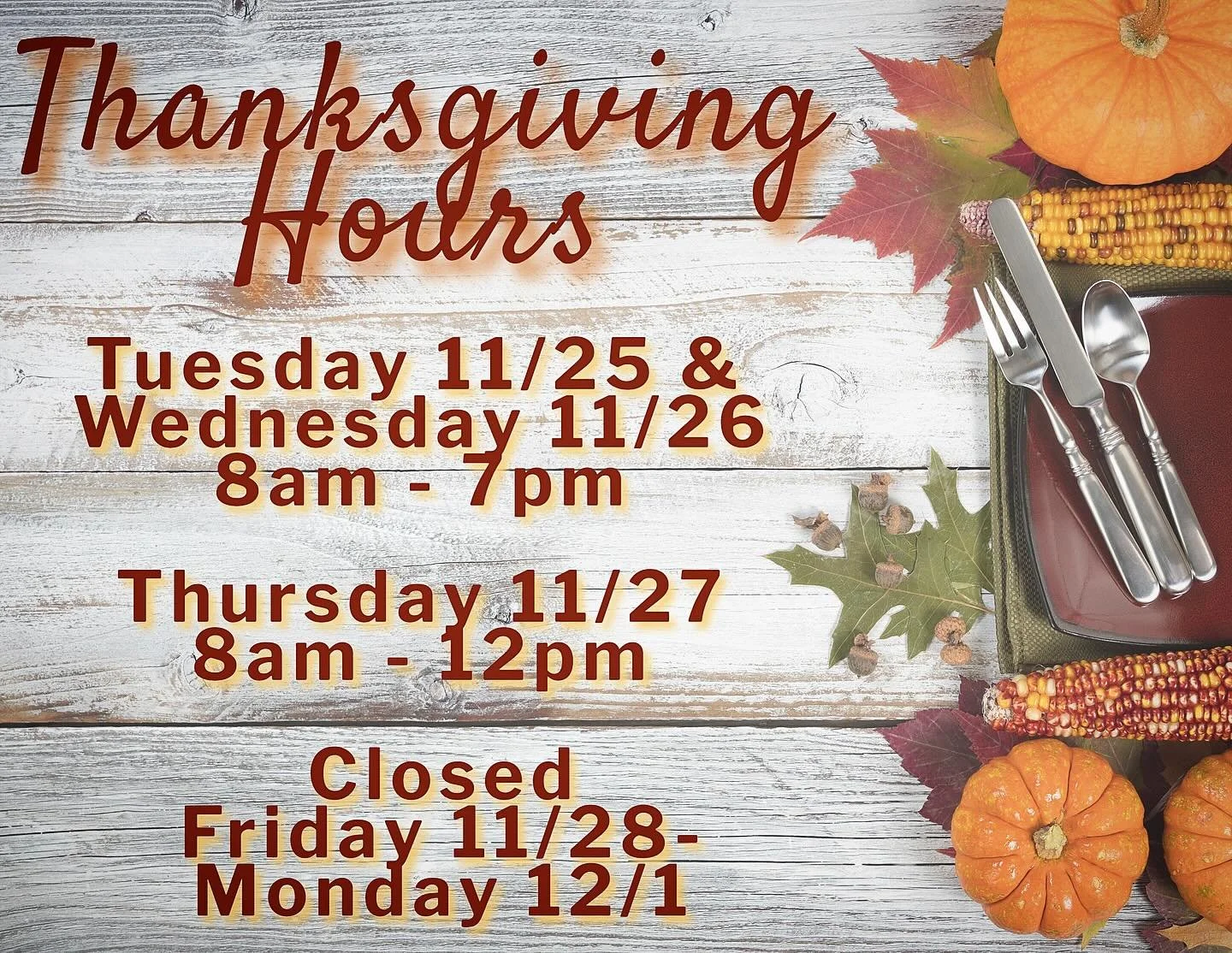 Special hours this week! We&rsquo;ll be open on Thursday morning from 8 AM till 12 PM for all your last minute meal needs (and extra wine&hellip; you&rsquo;re gonna need it!). We&rsquo;ll be closed for the weekend so stock up today! Or tomorrow, or T