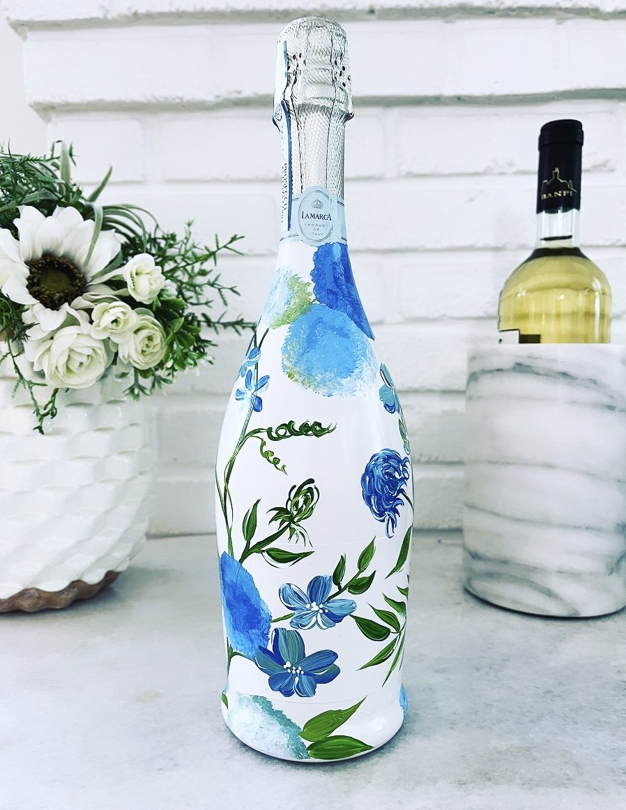 Blue Blooms - Hand-painted Bottle of Champagne — Wine by Design