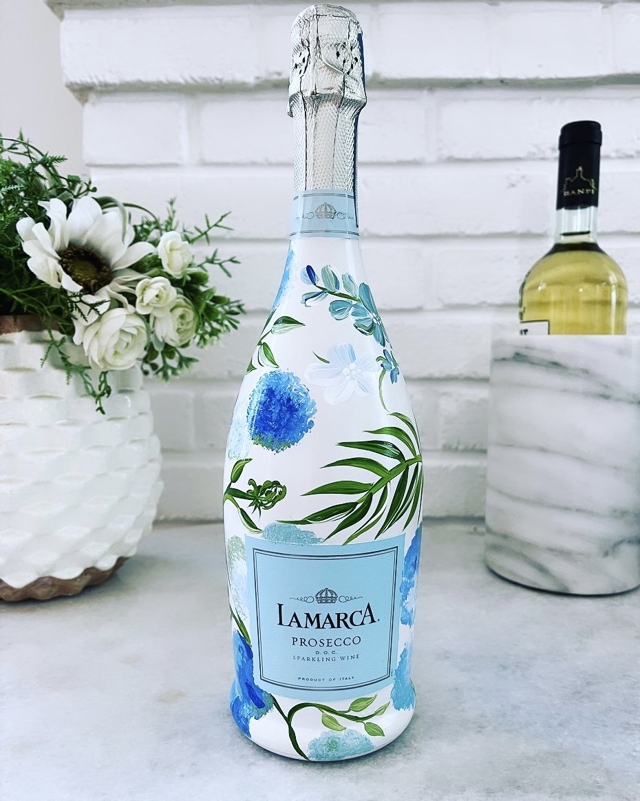 Blue Blooms - Hand-painted Bottle of Champagne — Wine by Design