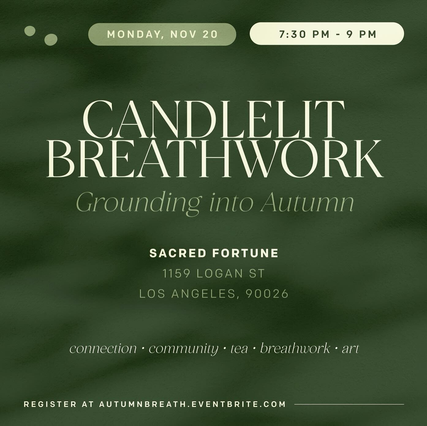 Candlelit&nbsp;Breathwork at Sacred Fortune: Grounding into Autumn ✨

Monday November 20th at 7:30pm. 

Join Tiffany at Sacred Fortune to ignite inner transformation for outer expansion through the power of breathwork. ✨

Breathwork is a deeply trans