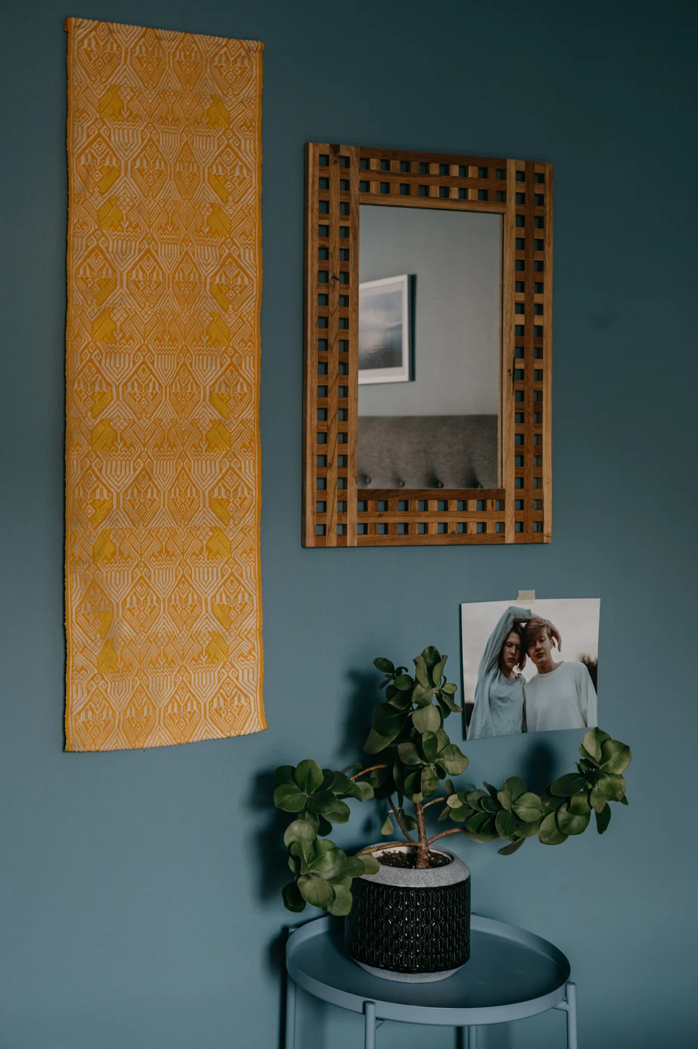 Handwoven Guatemalan textile styled in an interior space