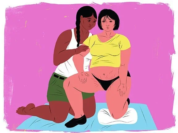 Graphic drawing of laboring person in yellow shirt and black socks and panties with one foot and one knee on the ground. BIPOC midwife is kneeling and supporting birthing person.