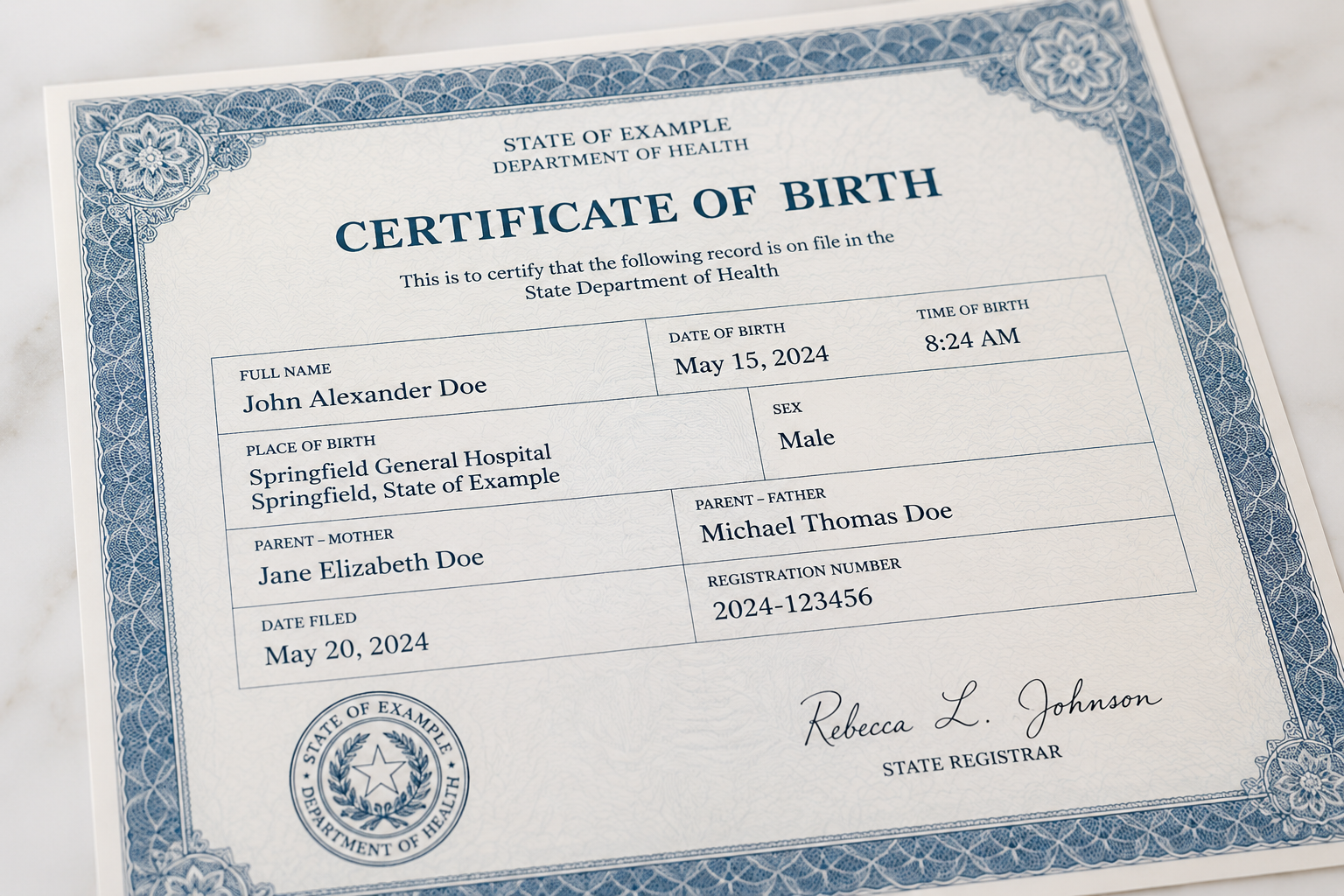 Example of a Birth Certificate with blue border and state seal.