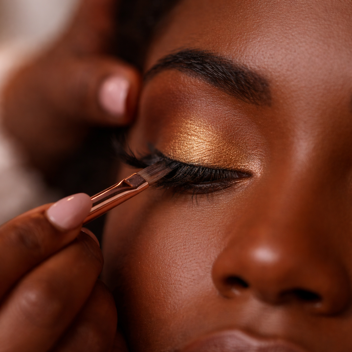 Close-up of a person's eye with makeup being applied using a brush, focusing on eye makeup and eyebrow.