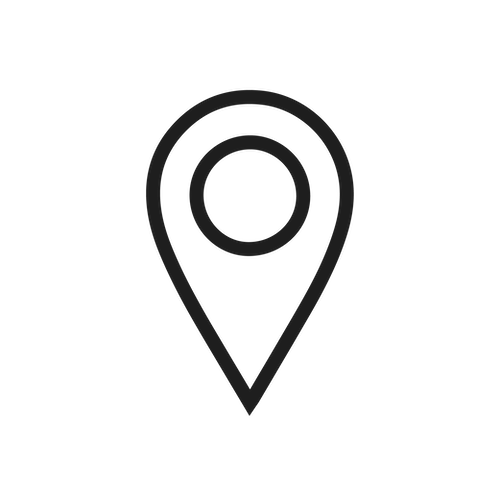A black and white map location pin icon.
