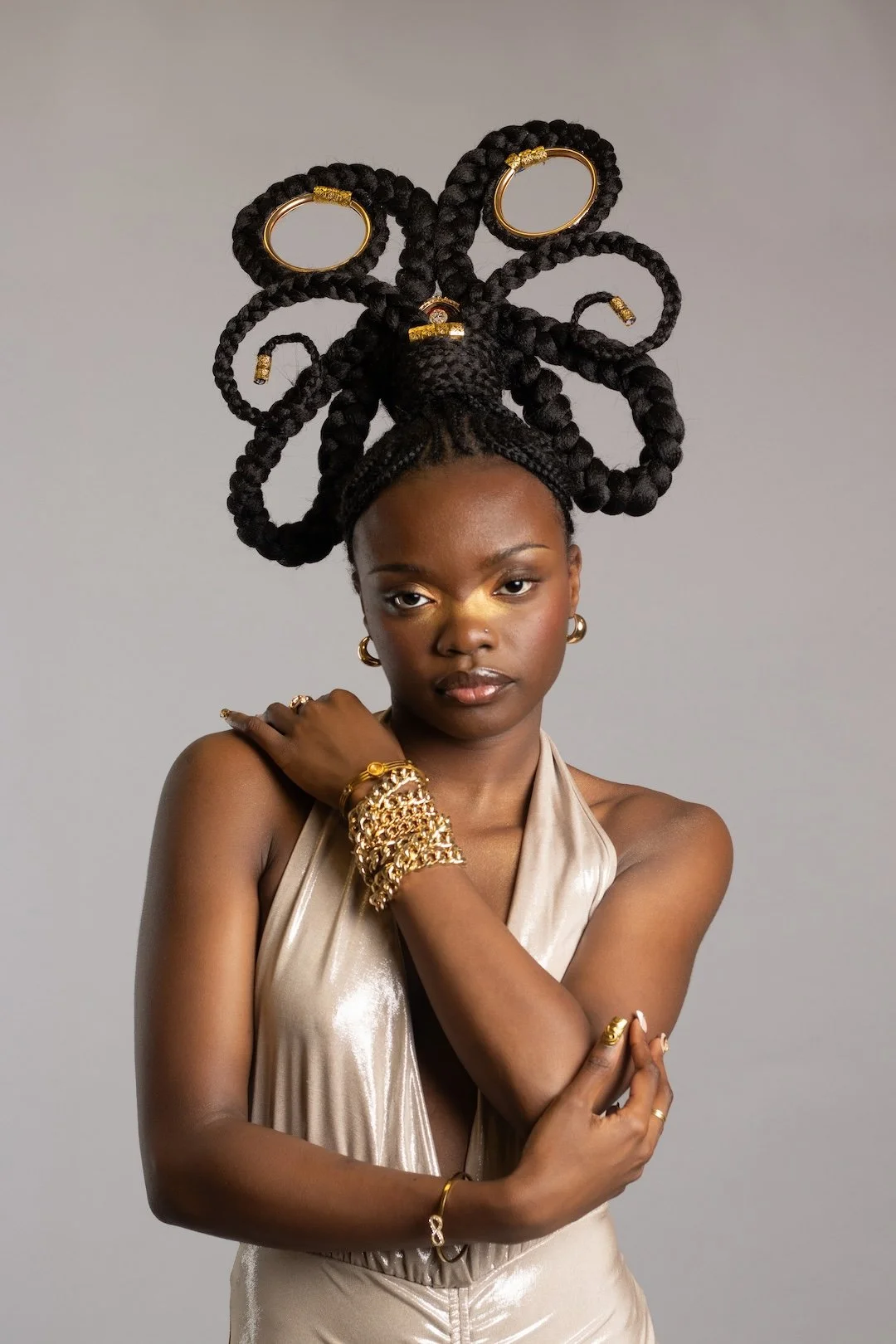 Photo from a student editorial shoot showcasing creative hairstyling and professional photography work