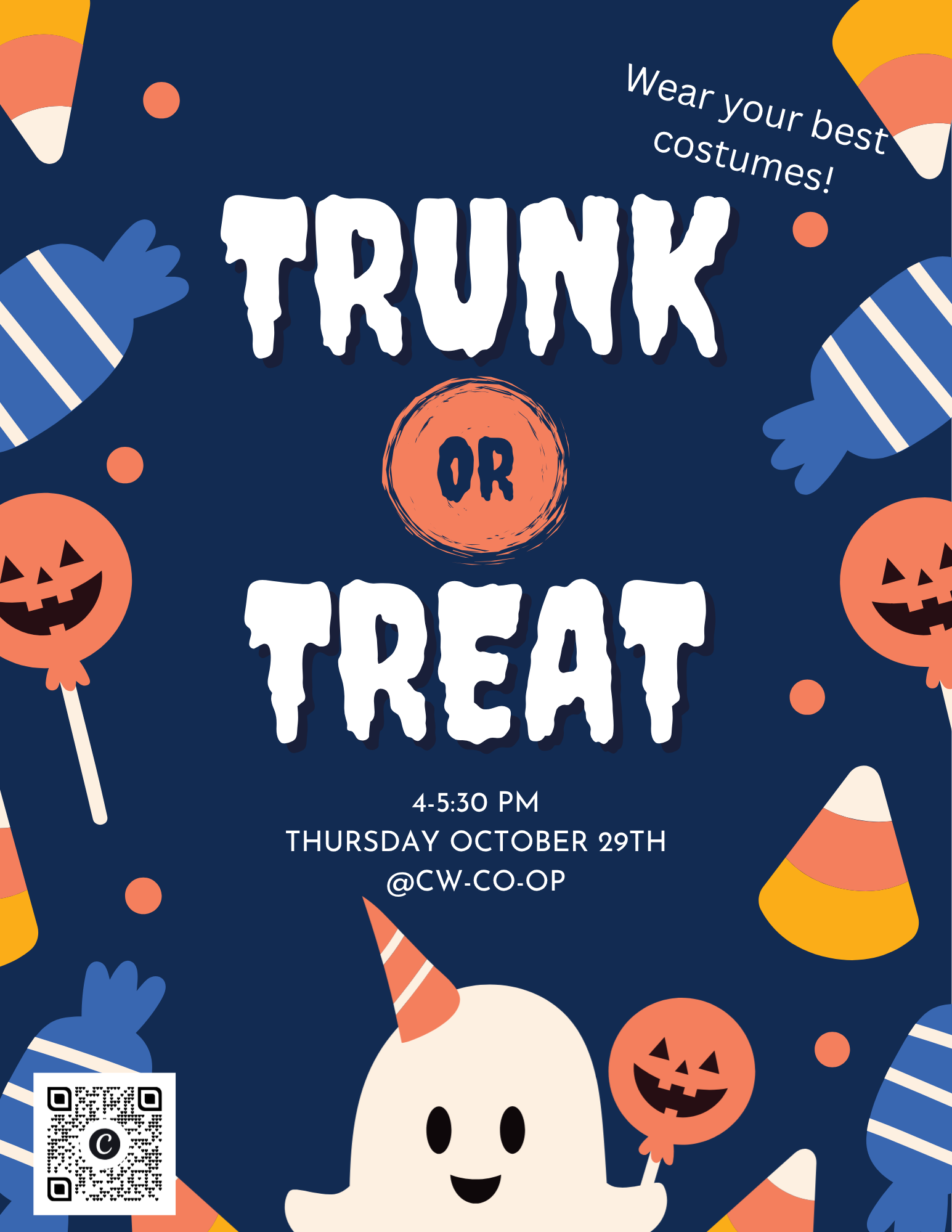 Image of trunk or treat flyer with ghosts and candy.