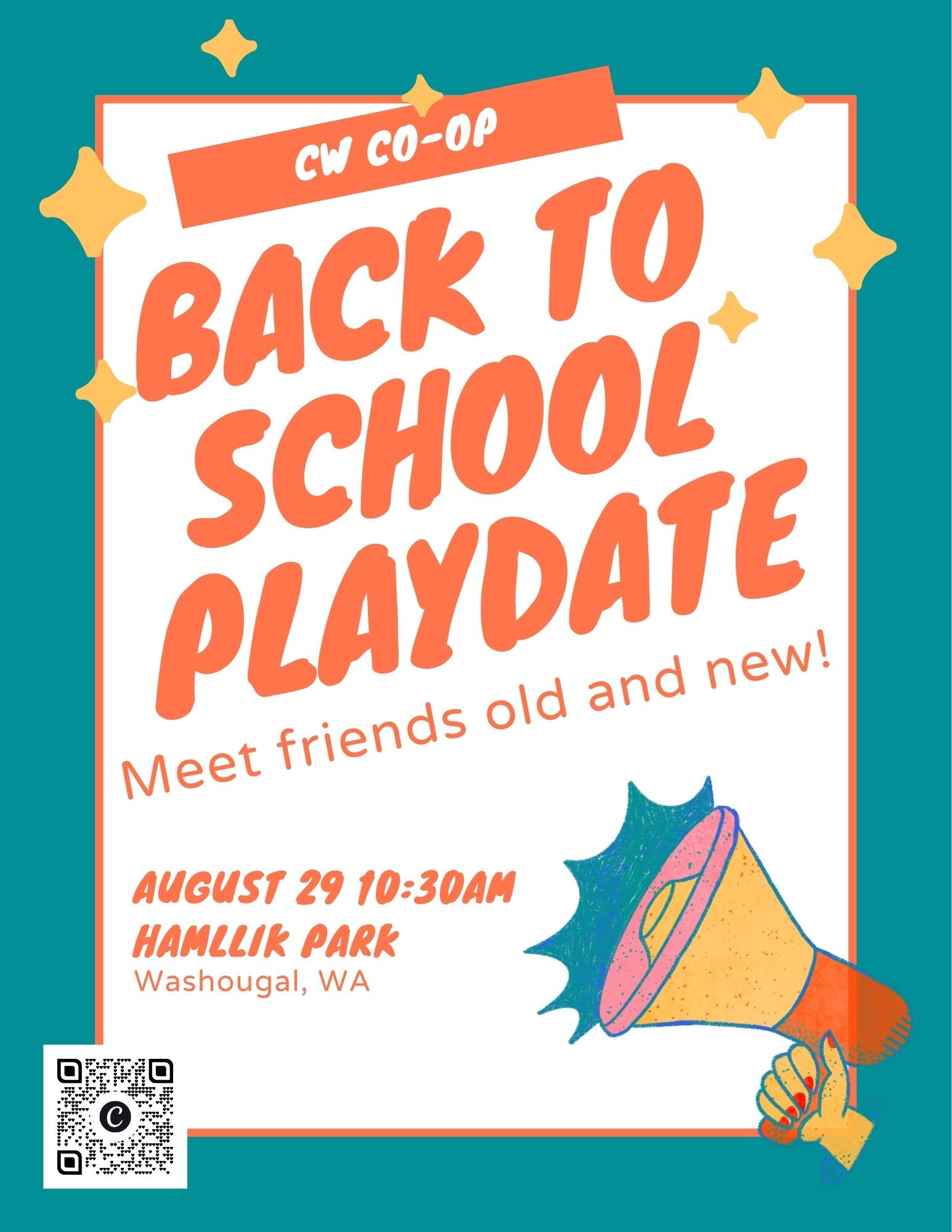 Flyer announcing back to school playdate. Colors are teal, orange, yellow, and white.