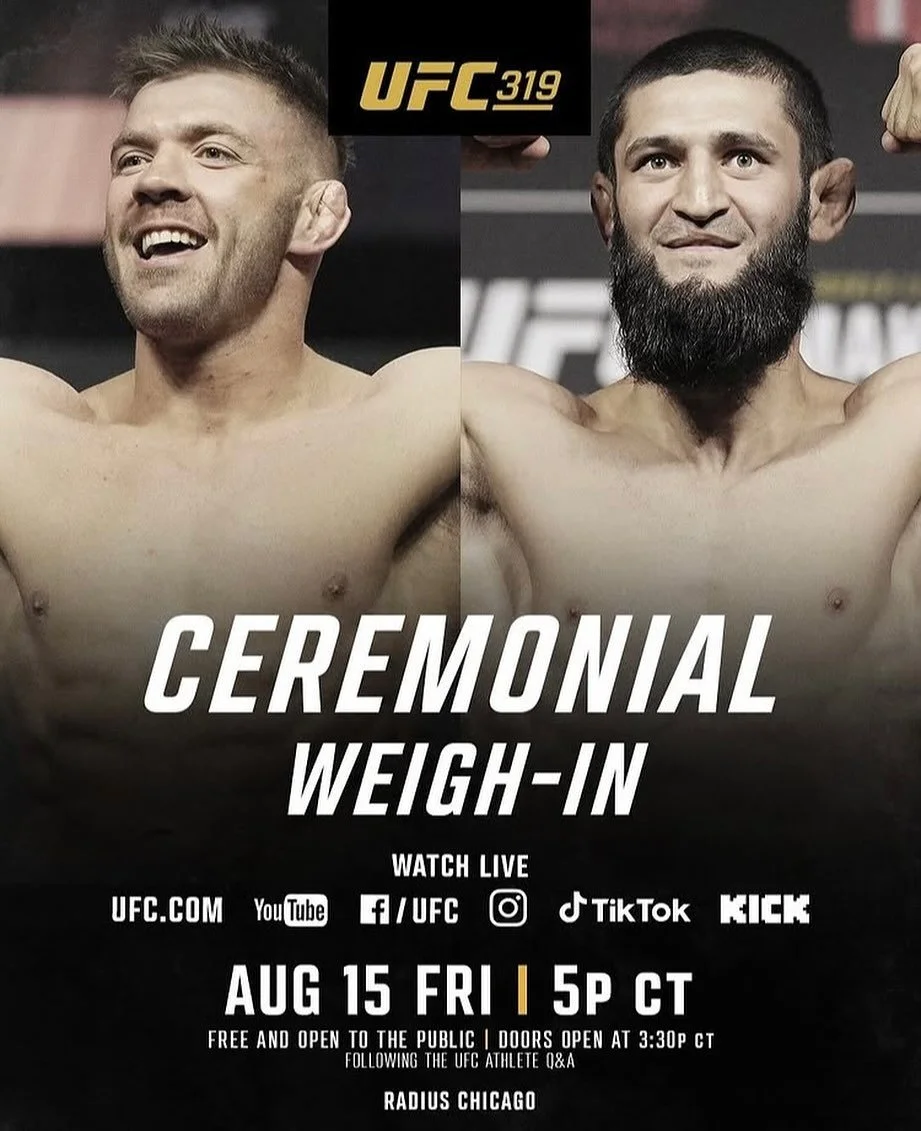 #UFC319 Live August 16, United Center in Chicago
&mdash;&mdash;&mdash;&mdash;&mdash;&mdash;&mdash;&mdash;&mdash;&mdash;&mdash;&mdash;&mdash;&mdash;-
✔️Dricus du Plessis vs. Khamzat Chimaev 
✔️Lerone Murphy vs. Aaron Pico 
✔️Geoff Neal vs. Carlos Prat