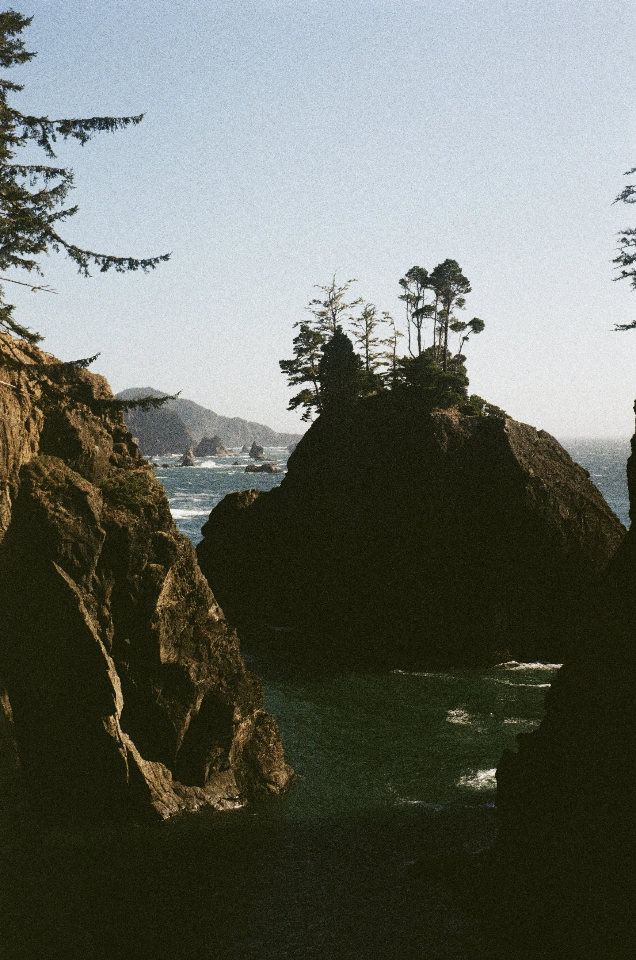 Coastal scene with large rocks and trees on cliffs overlooking the ocean, clear sky, waves crashing against the rocks.