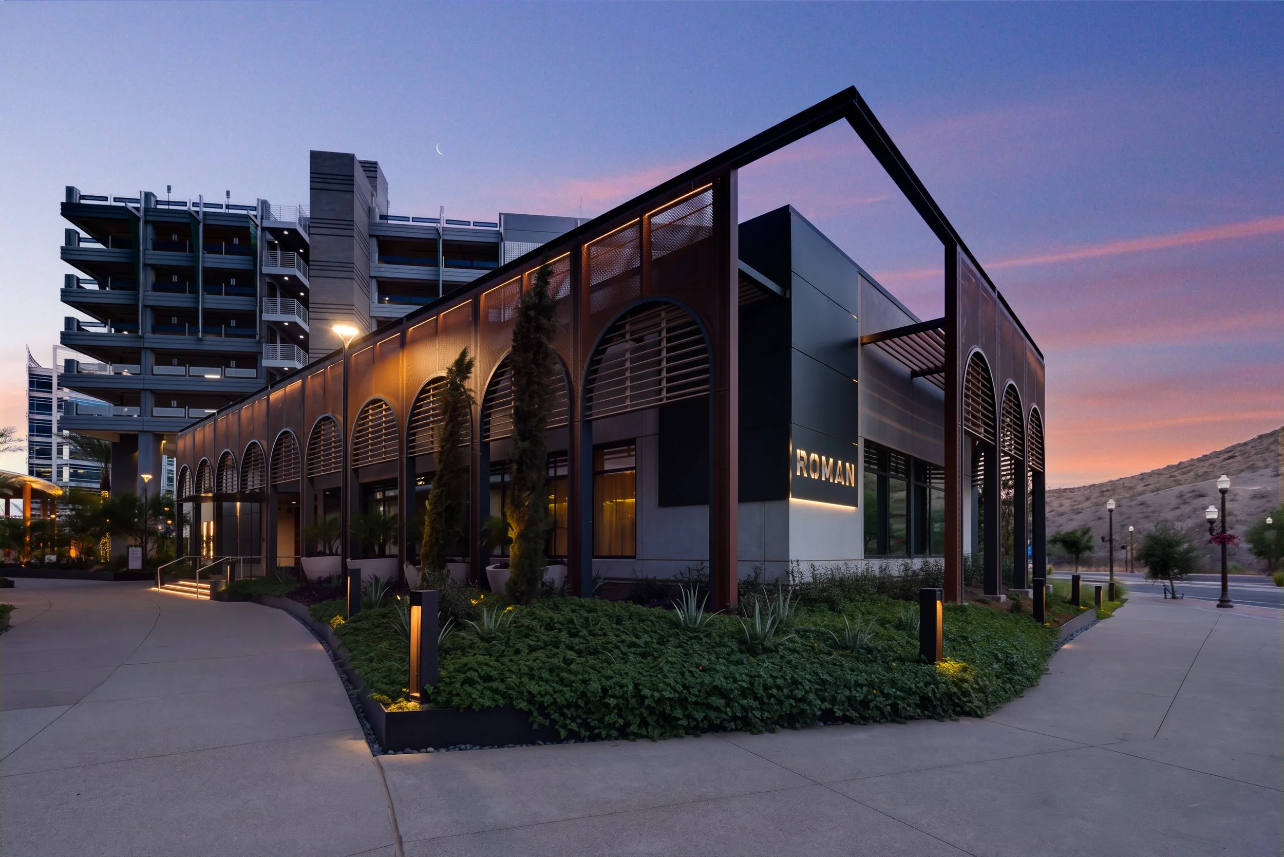 Waterfront commercial building at twilight in Tempe photographed for an architectural firm