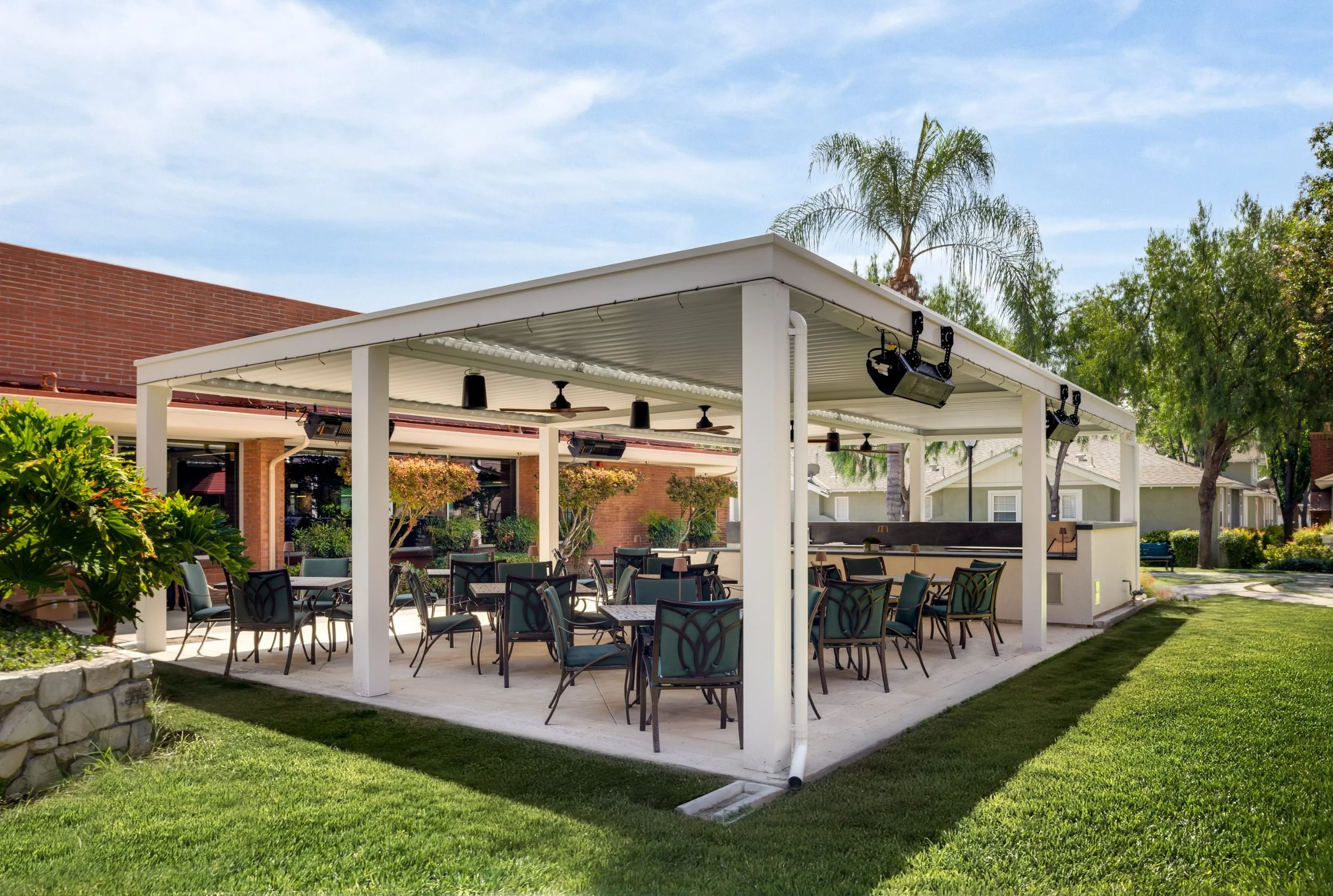 Outdoor dining pavilion on the Claremont Manor senior living campus in Claremont, California