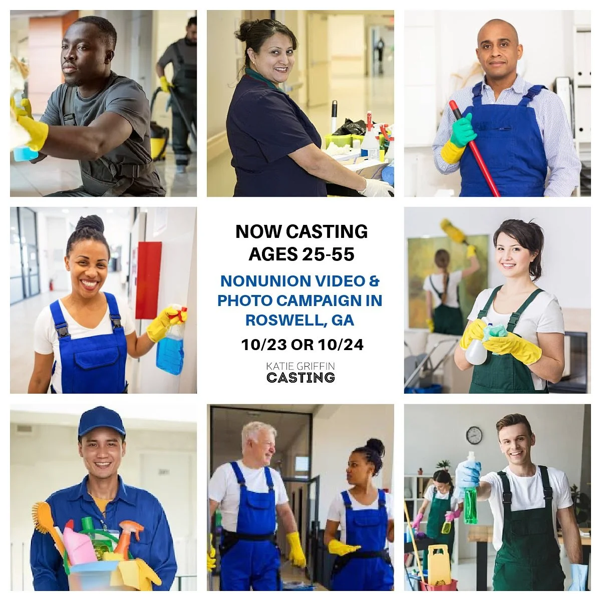 NOW CASTING! Nonunion Video &amp; Photo Campaign for Cleaning Products. This project shoots in Roswell, GA on either October 23 or 24.  
We&rsquo;re looking for 8 Talent (ages 25-55) to portray the roles of janitors. Talent should be local to the Ros