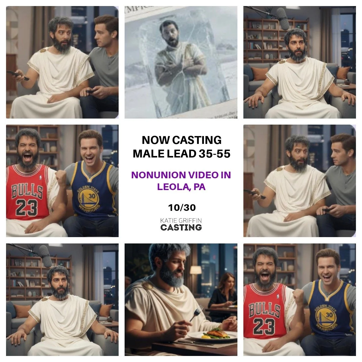 NOW CASTING! Nonunion Video for Winter Olympics and Comcast/Xfinity. This project shoots in Leola, PA on October 30. We're casting a lead speaking role - Ancient Olympian: Male, 35-55, dark thick/curly hair, beard preferred but will accept auditions 