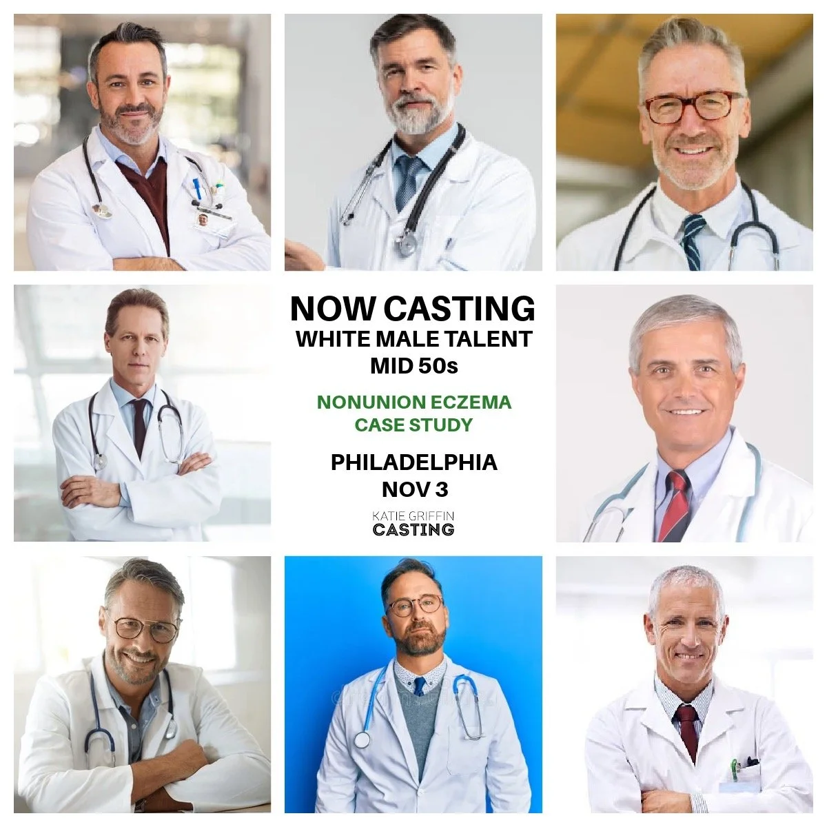NOW CASTING White male talent mid-50s to portray a doctor in a nonunion eczema case study that shoots in Philadelphia, PA for a half day on 11/3. If that&rsquo;s you or someone you know, tag yourself, tag a friend or shoot us a DM for project details