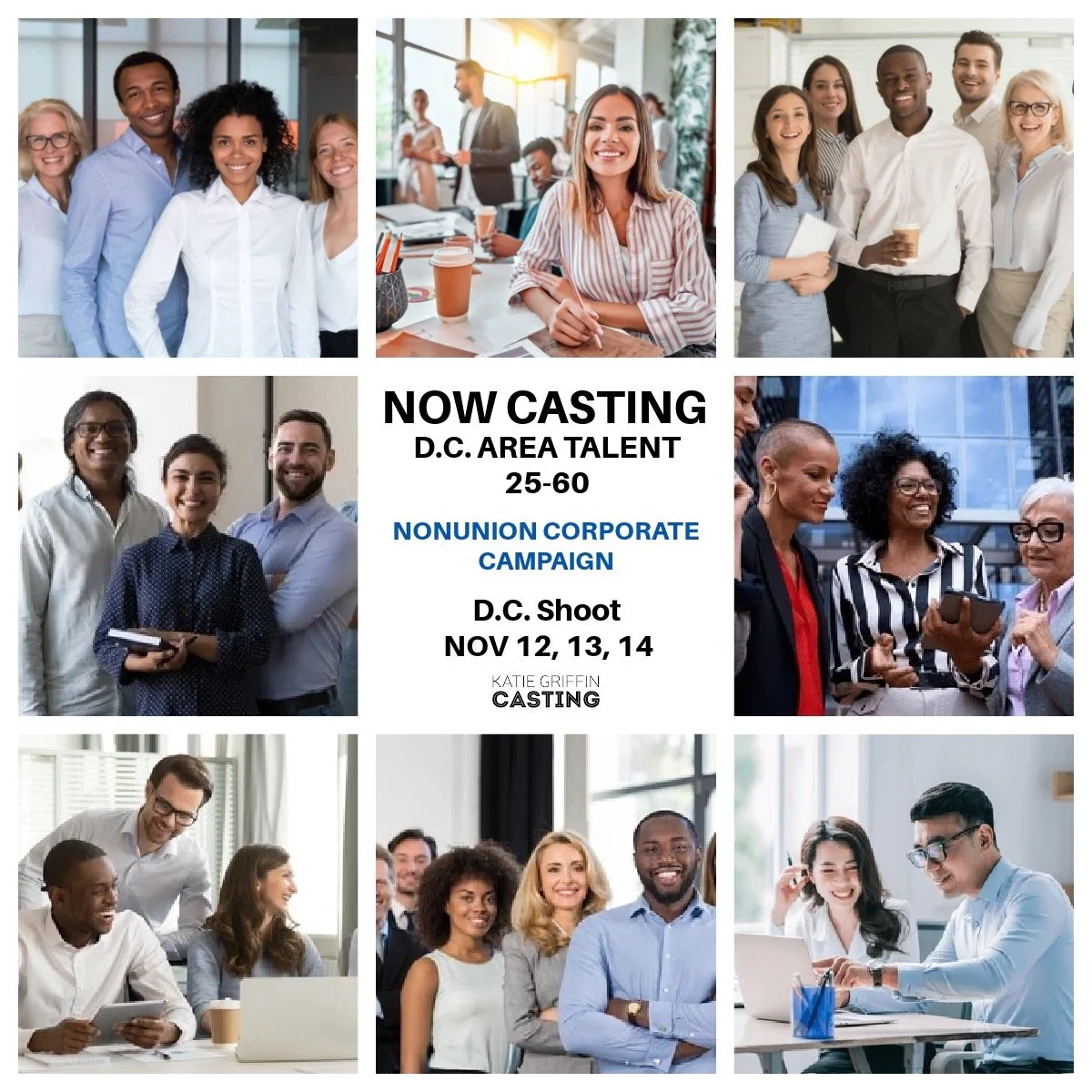 NOW CASTING D.C. area based talent between the ages of 25-60 to portray professionals in a Nonunion Corporate Campaign for a Government-Sponsored Lender. If cast talent will be needed for 3 full days - 11/12, 11/13, 11/14. If that&rsquo;s you or some