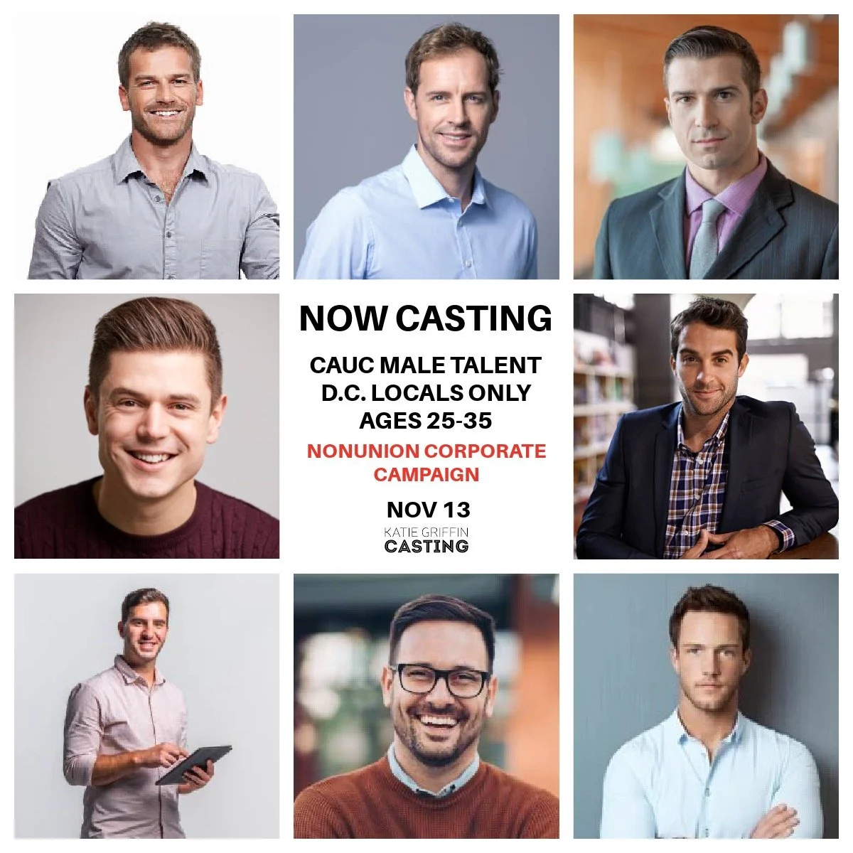 NOW CASTING D.C. area caucasian male talent 25-35 to portray professionals in a Nonunion Corporate Campaign for a Government-Sponsored Lender. If cast talent will be needed for 1 full day on 11/13. If that&rsquo;s you or someone you know, tag yoursel
