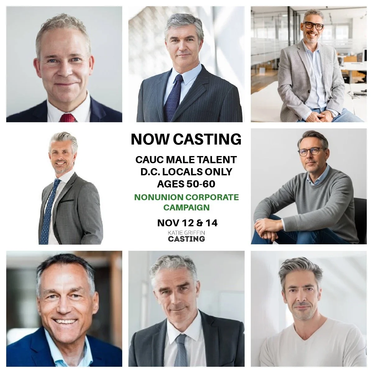 NOW CASTING D.C. area caucasian male talent 50-60 to portray professionals in a Nonunion Corporate Campaign for a Government-Sponsored Lender. If cast talent will be needed for 2 full days on 11/12 &amp; 11/14. If that&rsquo;s you or someone you know