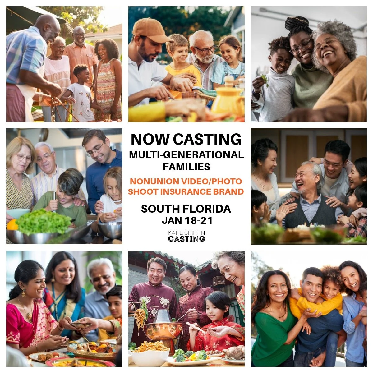 NOW CASTING multigenerational families in South Florida for a nonunion video + photo project shooting January 18&ndash;21, 2026.

Scenes will highlight a wide range of real families doing everyday things to fun activities like cooking, bbq-ing, playi