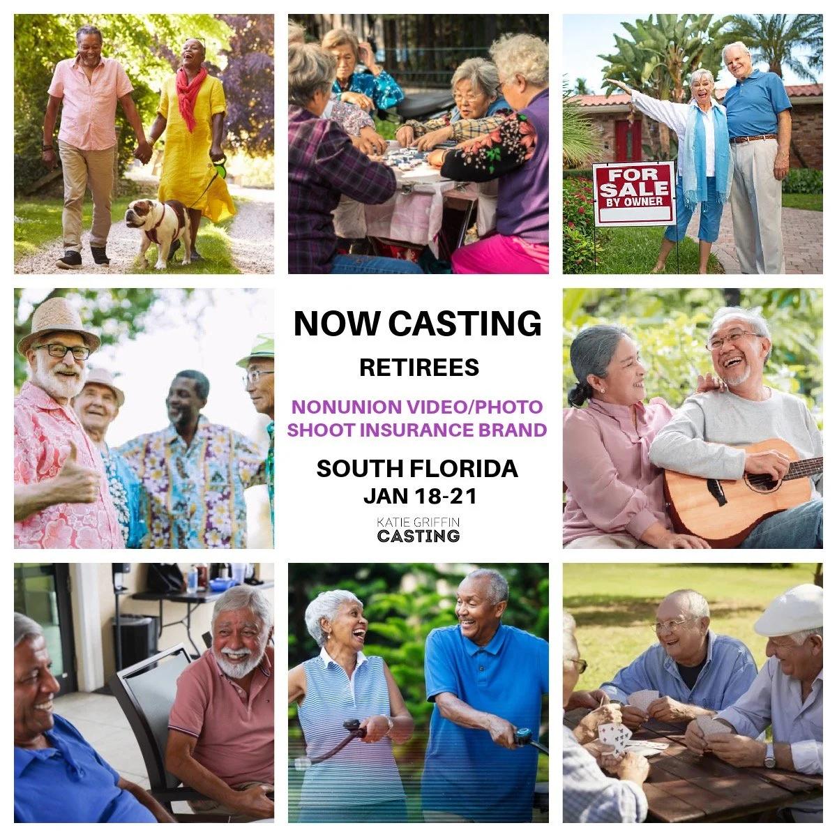 NOW CASTING retirees living in South Florida for a nonunion video + photo project shooting January 18&ndash;21, 2026.

Scenes will highlight a wide range of people doing everyday things to fun activities like cooking, bbq-ing, walking the dog, bike r