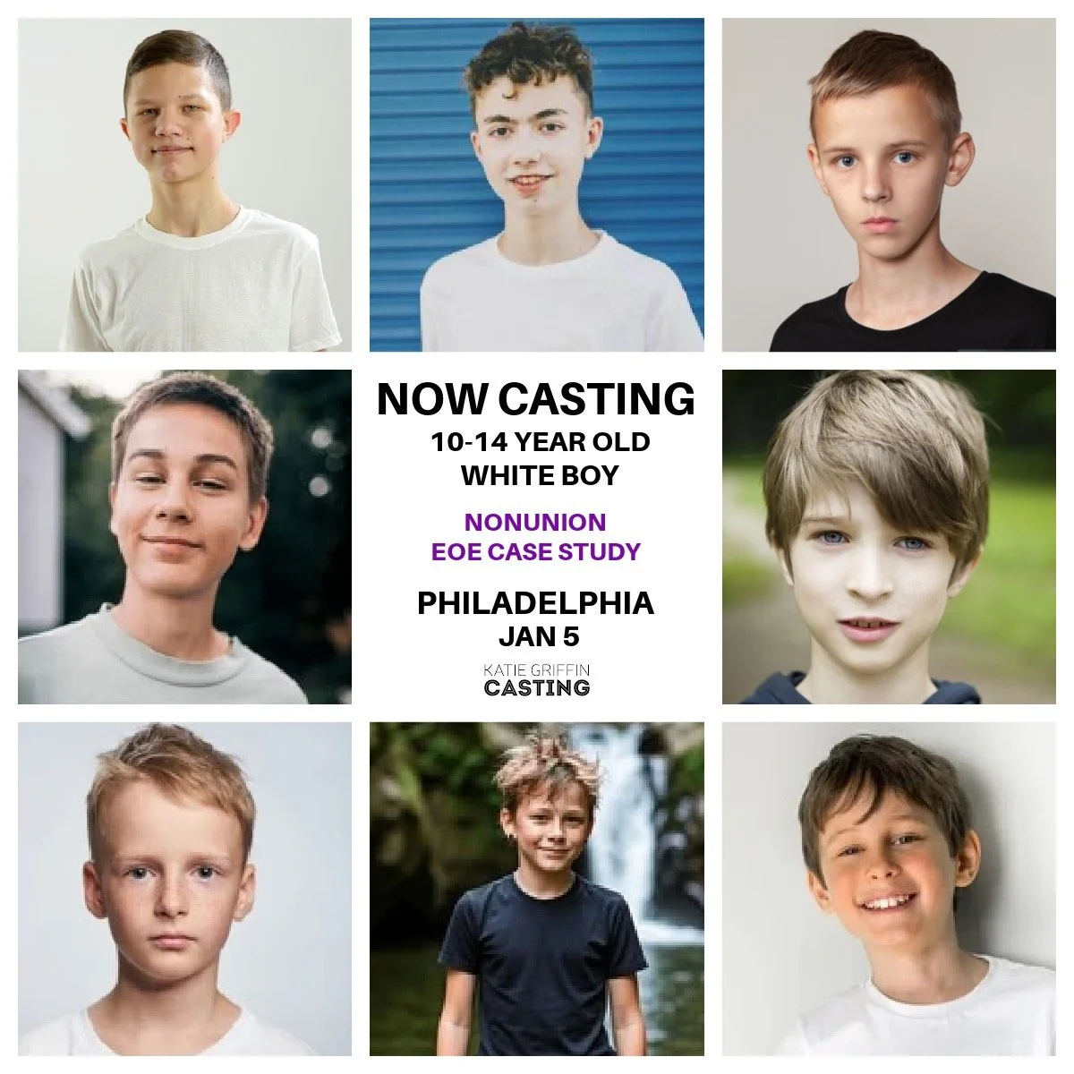 NOW CASTING a Caucasian boy age 10&ndash;14 (appearing around 12), with a petite frame to portray a young boy in a nonunion EOE case study. Talent should have a natural, understated look with neatly cropped hair, dressed casually in a tee shirt. The 