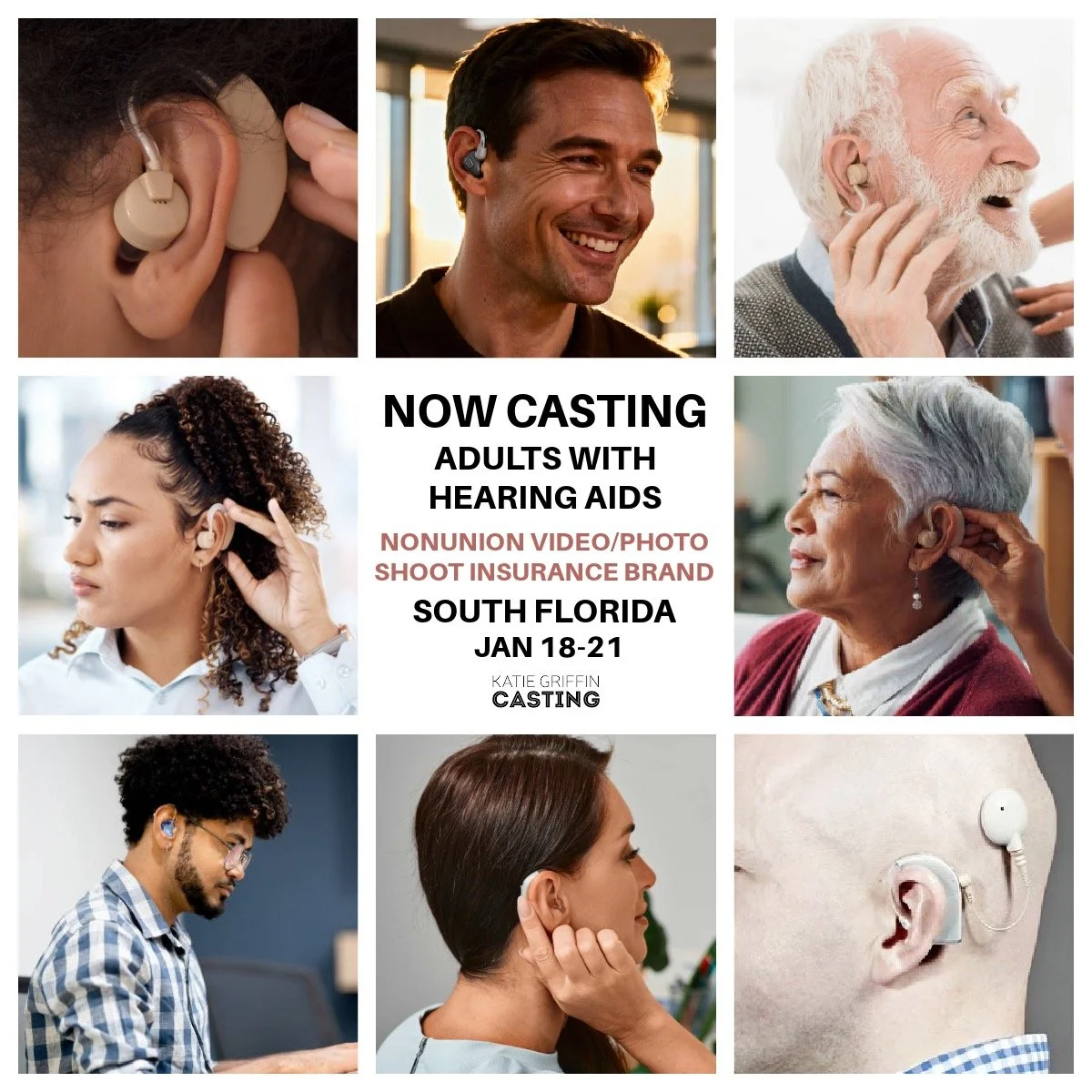 NOW CASTING adults who wear hearing aids living in South Florida for a nonunion video + photo project shooting January 18&ndash;21, 2026.

We&rsquo;re looking for adults of all genders and backgrounds who wear hearing aids.

This project celebrates r