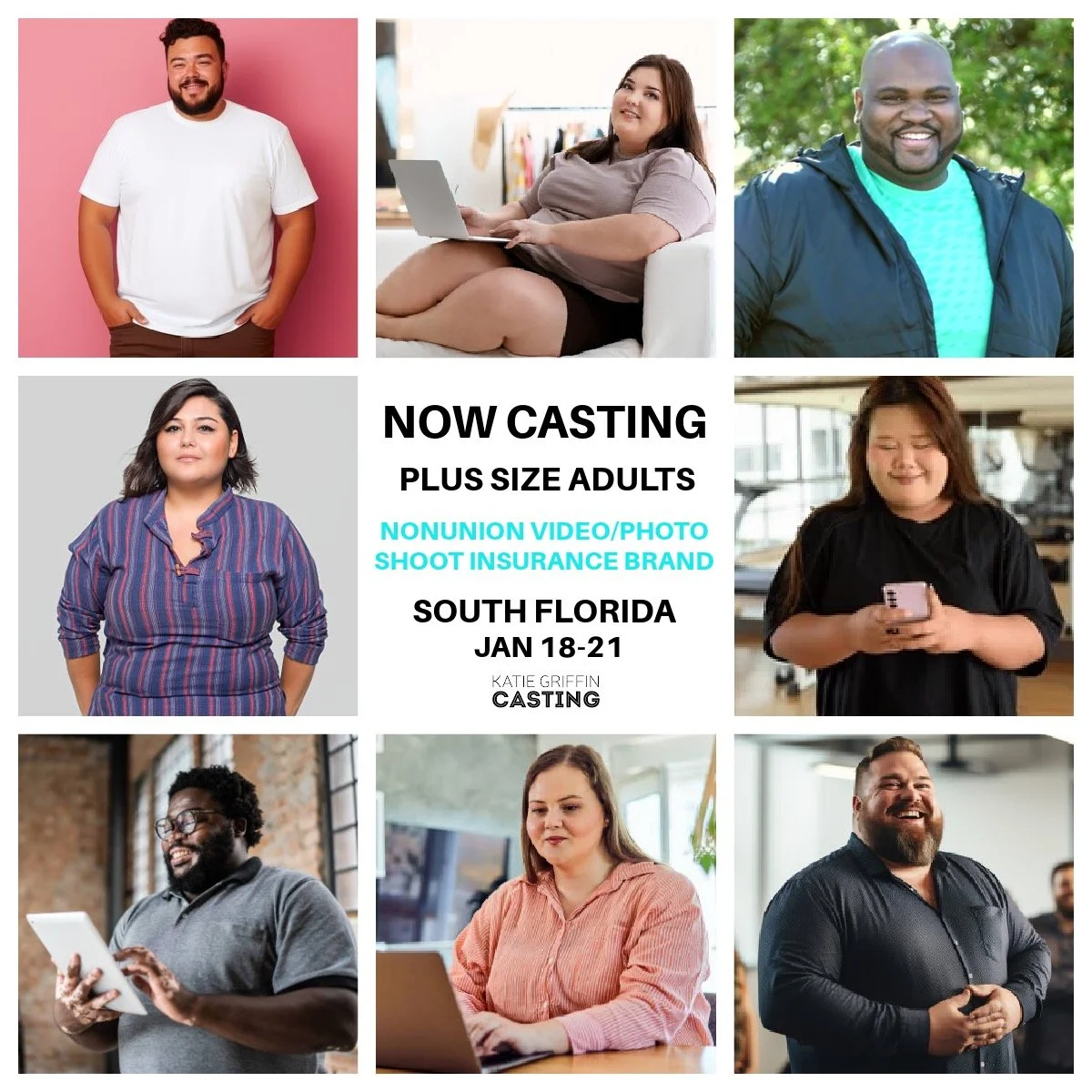NOW CASTING plus size adults living in South Florida for a nonunion video + photo project shooting January 18&ndash;21, 2026.

We&rsquo;re looking for adults of all genders and backgrounds who identify as plus size.

This project celebrates real peop