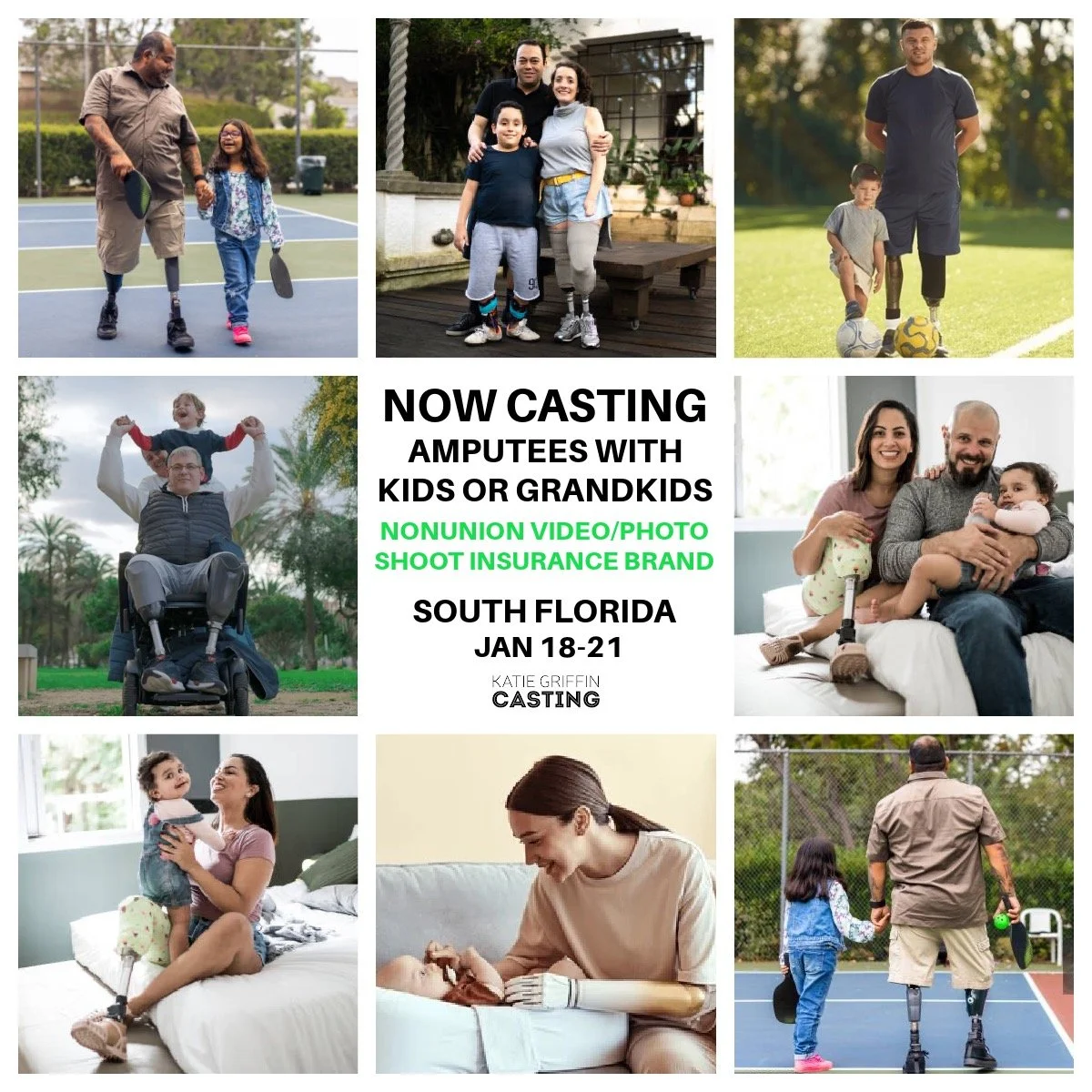 NOW CASTING adult amputees with kids or grandkids living in South Florida for a nonunion video + photo project shooting January 18&ndash;21, 2026.

We&rsquo;re looking for adults who amputees who wear prosthetics, and who are parents or grandparents,