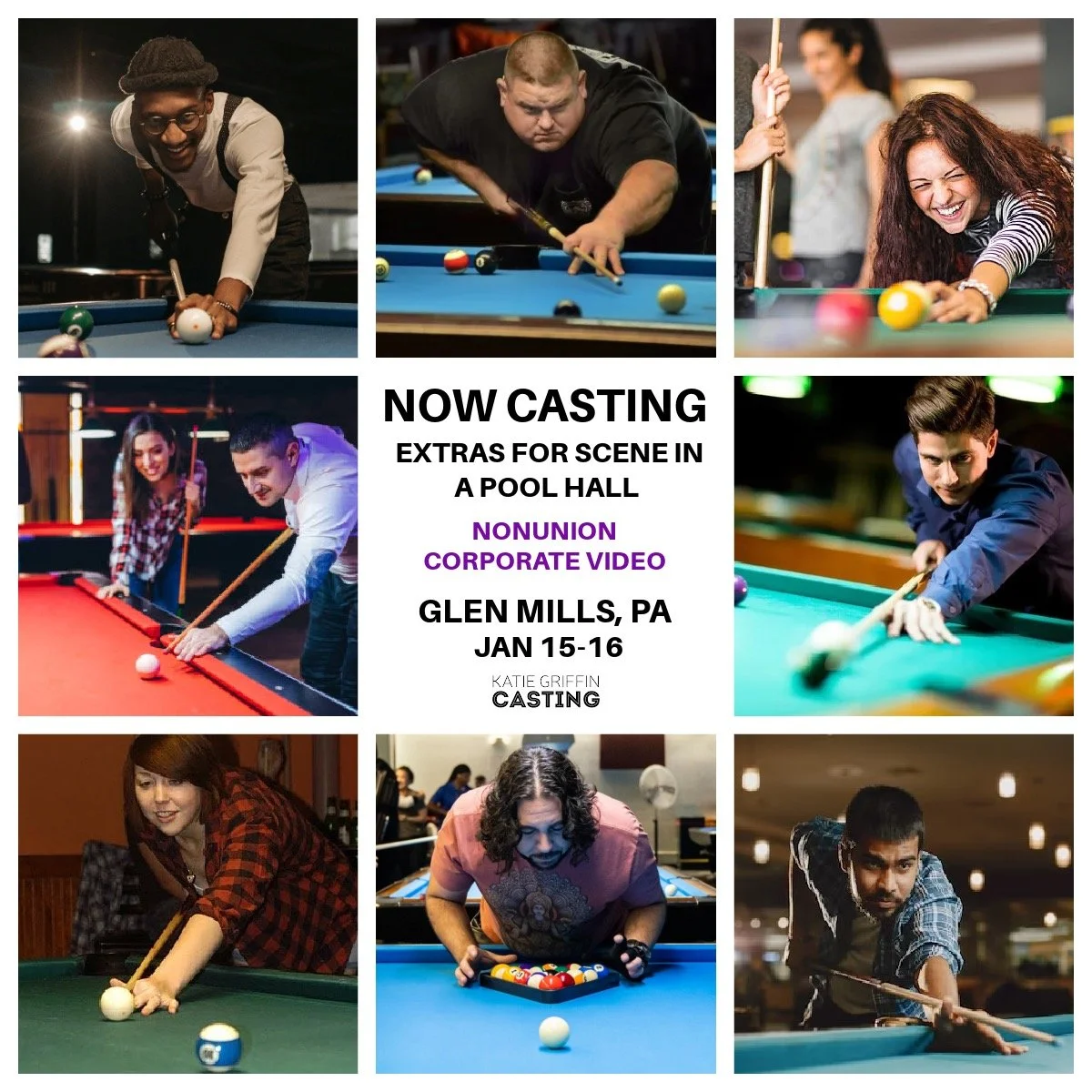 NOW CASTING Extras between the ages of 25-50 for a Nonunion Corporate Video for a Cable Provider that shoots in Glen Mills, PA on Jan 15 or Jan 16. We&rsquo;re looking for 3 Extras to portray pool players. Talent should be local to the Philadelphia, 