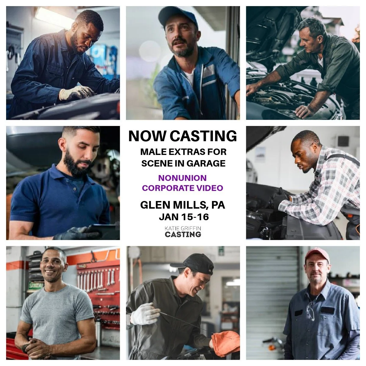 NOW CASTING Male Extras between the ages of 25-50 for a Nonunion Corporate Video for a Cable Provider that shoots in Glen Mills, PA on Jan 15 or Jan 16. We&rsquo;re looking for 2 Extras to portray mechanics in a garage. Talent should be local to the 