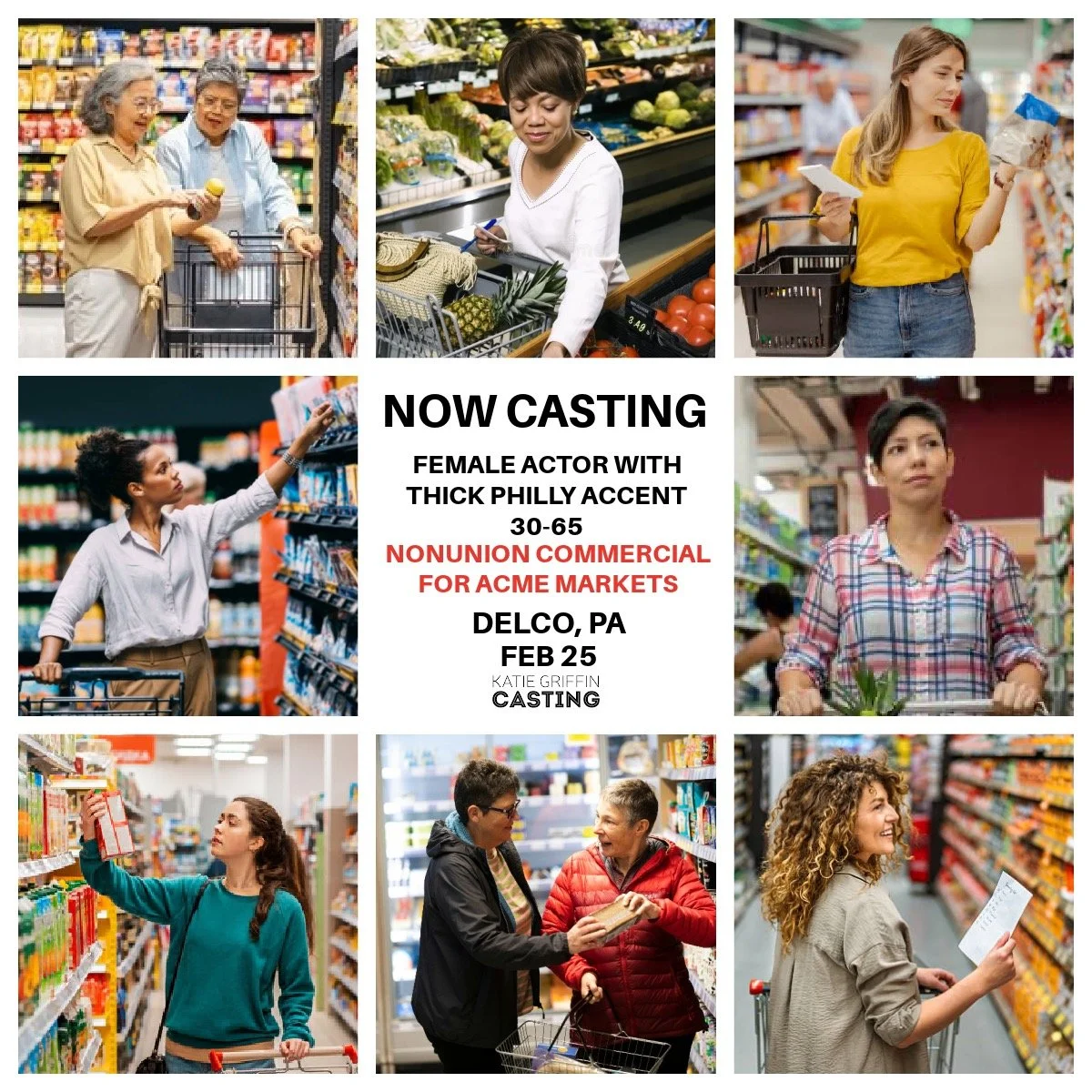 NOW CASTING a female actor 30-55 for a principal speaking role in a nonunion commercial for ACME Markets. This actor MUST have an authentic Philly accent. The shoot date is February 25 in Delco.

If that&rsquo;s you or someone you know, comment below