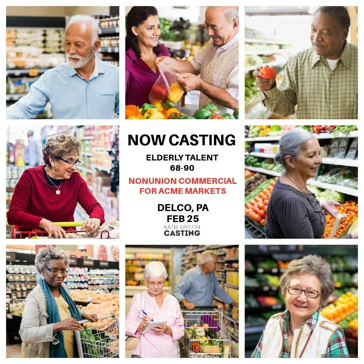 NOW CASTING elderly talent 68-90 for a principal nonspeaking role in a nonunion commercial for ACME Markets. The shoot date is February 25 in Delco and talent should be local to the Philly area.

If that&rsquo;s you or someone you know, comment below