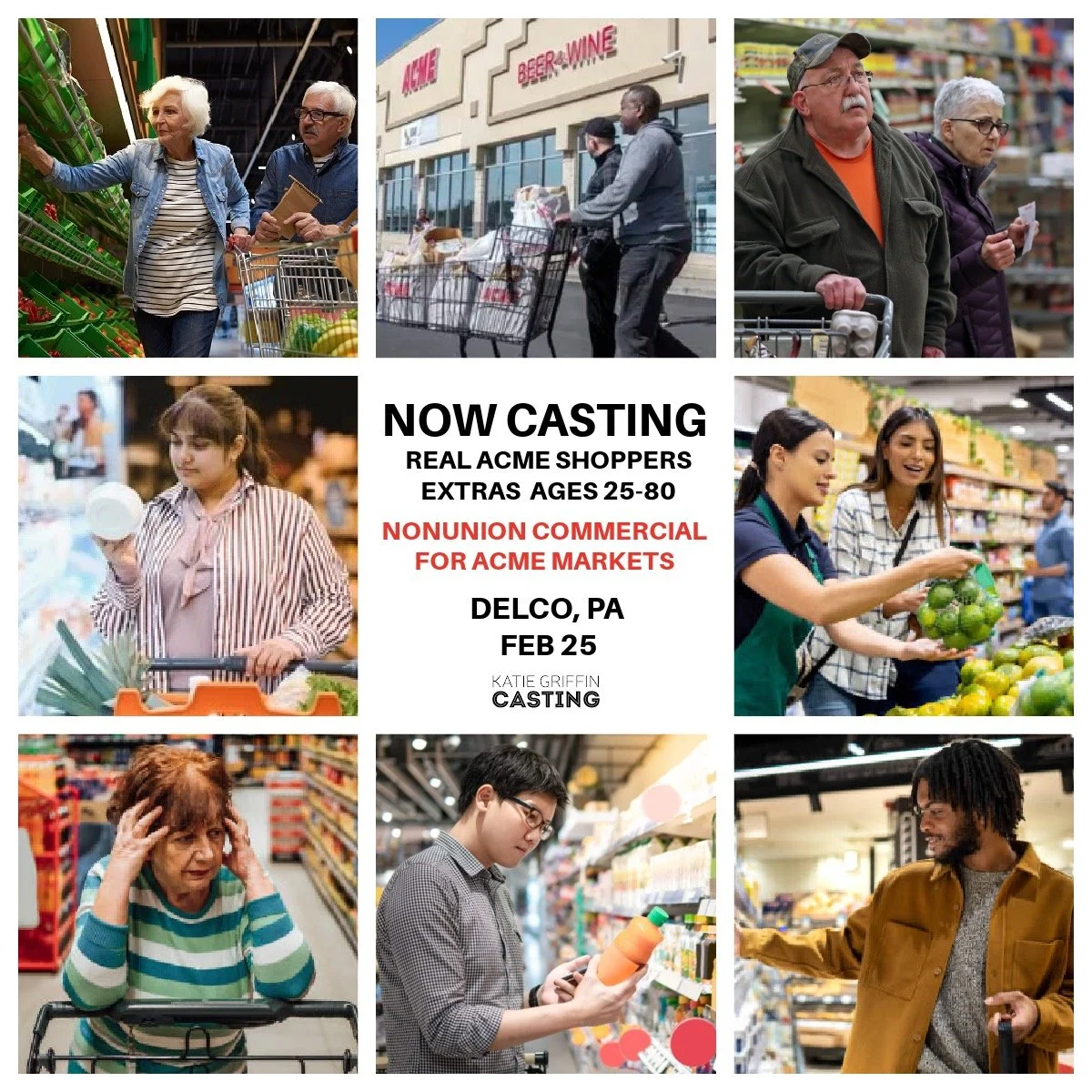 NOW CASTING EXTRAS - Real Philadelphians to portray authentic ACME shoppers in a nonunion commercial for ACME Markets. Ages 25&ndash;80. We&rsquo;re seeking diversity across age, race, and style. Just real, everyday Philadelphians who shop at ACME. T