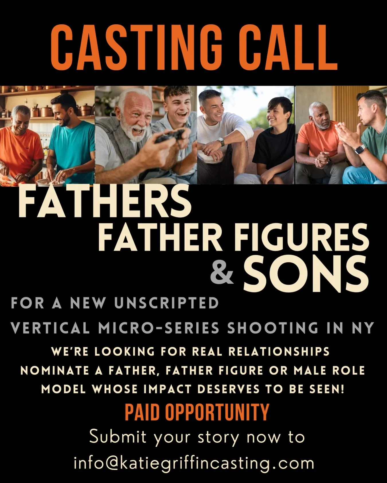 NOW CASTING a new vertical unscripted microseries exploring the relationships between fathers, father figures, and the men or boys they helped raise told through hands-on challenges, teamwork, and real conversations. 

Each episode brings a duo toget