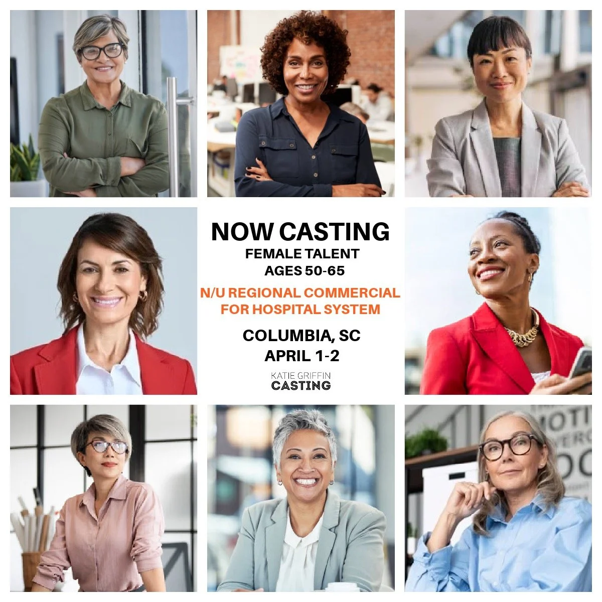 NOW CASTING FEMALE TALENT ages 50&ndash;65 for a non-union regional commercial campaign for a hospital system. 

This actress will portray a busy, professional woman who balances work and life while making time to prioritize her health and wellness. 